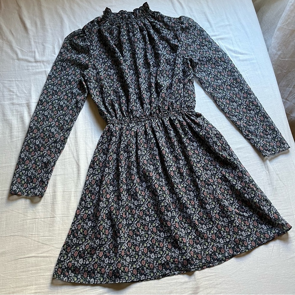 The East Order navy floral ruffle smock neck long sleeve mini dress